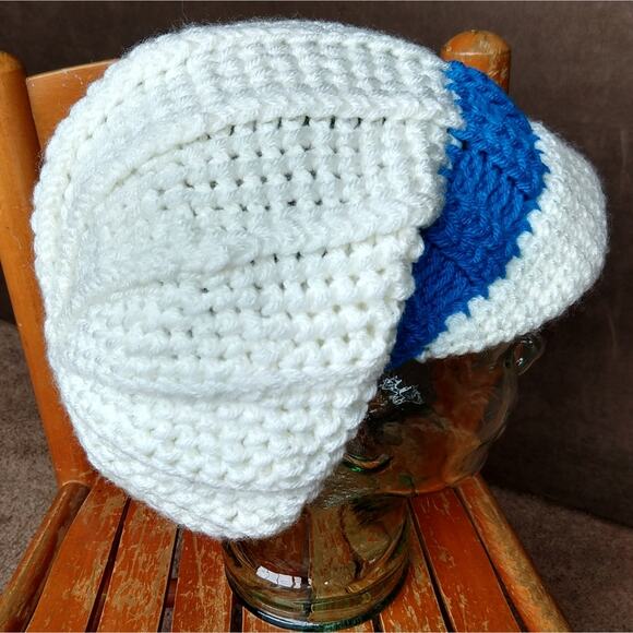 White Slouchy Hat with a Brim blue band crochet handmade OSFM ready to ship main image 5